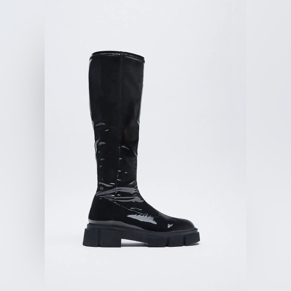 Zara Black Flat Faux Patent Stretch Knee High Boots Women’s Size 9.5 Men’s 8